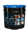 Top Shelf 15 Gallon Epoxy Floor Coating Kit Black Base With Canyon Brown And Ivory Flakes Covers 2500 Square Feet in black buckets.