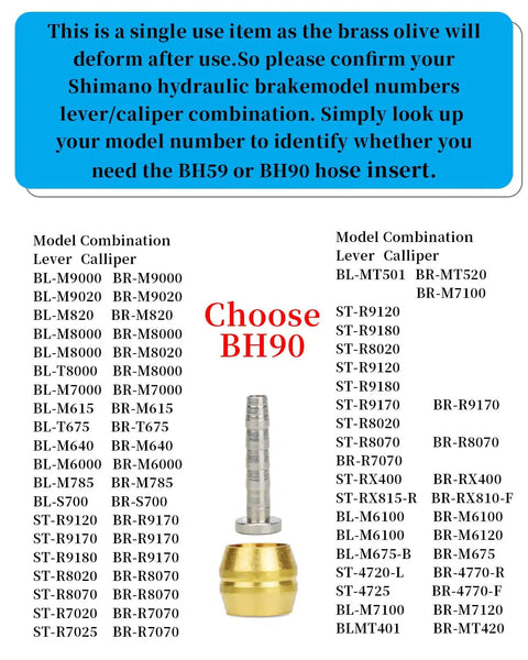 14 Piece Brass Olive and Steel Insert Kit for Disc Brake Hose BH90 Compatible MTB Hydraulic Brakes with model compatibility chart