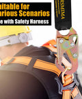 Man wearing Safety Harness Lanyard Retractable For Fall Protection And Tree Climbing with heavy duty hook in close-up view