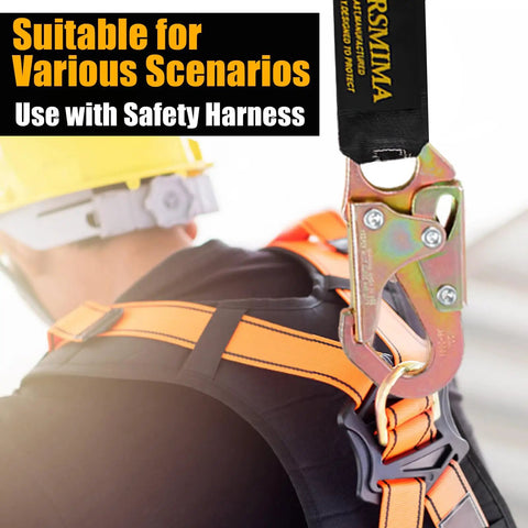Man wearing Safety Harness Lanyard Retractable For Fall Protection And Tree Climbing with heavy duty hook in close-up view