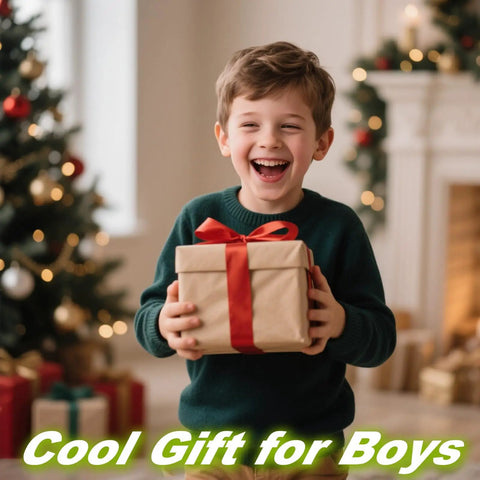 Boy holding gift box in festive room with Christmas tree and decorations in background, labeled 'Cool Gift for Boys'.