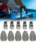 Premium LGK100 And LGK120 Plasma Cutting Nozzle 1.5mm Copper Torch Consumable shown with welding action and nozzles. Five nozzles included.