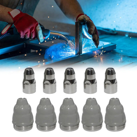 Premium LGK100 And LGK120 Plasma Cutting Nozzle 1.5mm Copper Torch Consumable shown with welding action and nozzles. Five nozzles included.