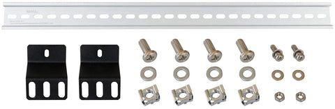 DIN Rail Mounting Bracket for 19 Inch Rack Systems Slotted Aluminum Alloy Beefy Rack Ears Kit Slim 17 Inch Length 35mm Width 7.5mm Height Heavy Duty Rack Mount Solution components displayed.