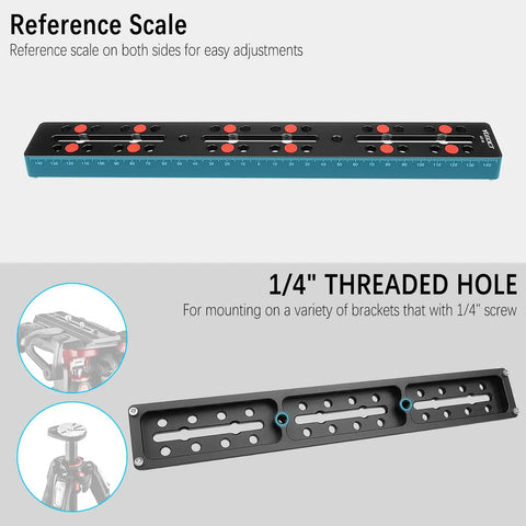 Vixen Style Dovetail Telescope Rail Bar Mounting Plate with reference scale and 1/4 inch threaded holes for precise balance