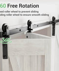 9 Ft Bi Fold Sliding Barn Door Hardware Kit With 108 Inch Rail For Four Doors Up To 26.5 Inches Wide Heavy Duty Steel Roller Hanger System With Quiet Nylon Wheels And 330 Lb Weight Capacity No Door Included, showing roller system with 360-degree rotation feature.