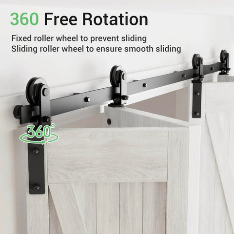 9 Ft Bi Fold Sliding Barn Door Hardware Kit With 108 Inch Rail For Four Doors Up To 26.5 Inches Wide Heavy Duty Steel Roller Hanger System With Quiet Nylon Wheels And 330 Lb Weight Capacity No Door Included, showing roller system with 360-degree rotation feature.