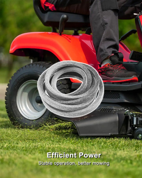 Beefed Up Kevlar Aramid V Belt for 46 Inch Deck Mowers and Lawn Tractors, shown with a red lawn tractor mowing grass