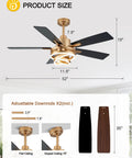 52 Inch Ceiling Fan With Light Gold Chandelier, DC Motor, Dimmable LED, dual-finish blades, shown with adjustable downrods