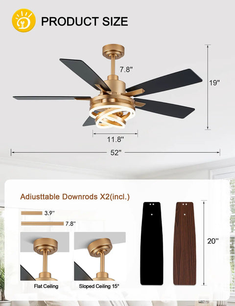 52 Inch Ceiling Fan With Light Gold Chandelier, DC Motor, Dimmable LED, dual-finish blades, shown with adjustable downrods
