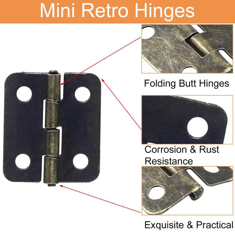 Close-up of 50 Pcs Mini Bronze Hinges Set for Jewelry Boxes and Small Cabinets 18x16mm Antique Bronze with corrosion resistance features.