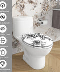 Elongated Toilet Seat Quiet Close for Bathroom with floral design, measuring 14.5" x 18.5", easy to clean and install.