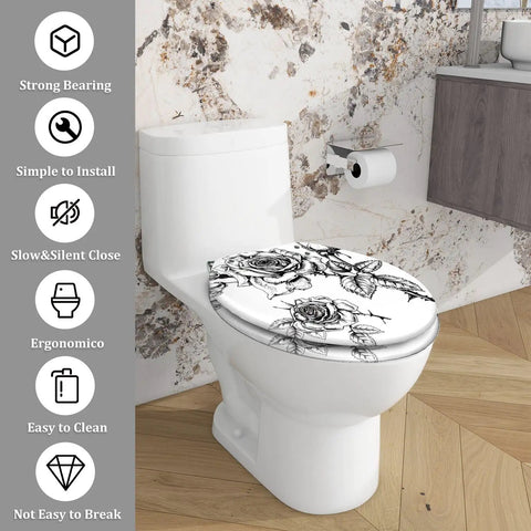 Elongated Toilet Seat Quiet Close for Bathroom with floral design, measuring 14.5" x 18.5", easy to clean and install.