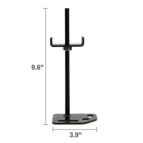 Heavy Duty Adjustable Leveling Mounting Plates For Industrial Storage Racks shown in black steel, 9.6 inches tall, 3.9 inches wide.