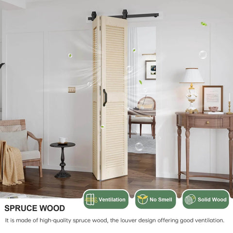 Space Saving Bifold Barn Door Set 36 X 84 Inch Double 18 X 84, Louver Sliding Closet Wood Bi-Folding Doors With 40 Inch Top Mount Track Kit