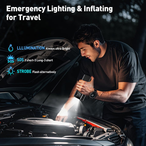 Man using Portable Car Tire Inflator And Air Compressor With Pressure Gauge And LED Light Auto Shut Off At Preset PSI near car engine at night