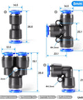 Push To Connect Pneumatic Fittings Kit 40 Pieces 5/16 Inch Or 8mm OD With 10 Splitters 10 Elbows 10 Tees And 10 Straights For Easy Air Line Setup No Fuss DIY Ready 0 To 145 Psi High Pressure showing detailed measurements of fittings