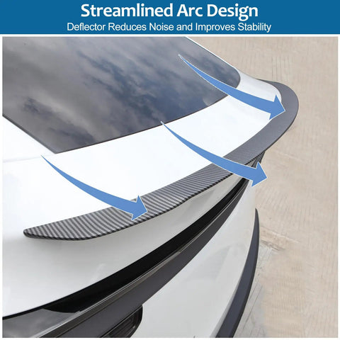 Drop In Badass Aero Upgrade For The Tesla Model Y Juniper Rear Spoiler Trunk Lip Tail Wing No Drill Hassle Seamless Factory Fit showing streamlined arc design.