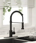 Dead Simple Install Bulletproof Build Slick Black Finish Single Handle Pull Down Kitchen Faucet Lead Free Stainless Steel Ceramic Cartridge Top Tier Sink Fixture in matte black finish with coiled spout.