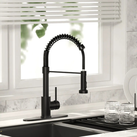 Dead Simple Install Bulletproof Build Slick Black Finish Single Handle Pull Down Kitchen Faucet Lead Free Stainless Steel Ceramic Cartridge Top Tier Sink Fixture in matte black finish with coiled spout.