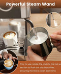 No Fuss Home Espresso Machine With Built In Grinder And Stainless Steel Milk Frother Wand for steaming milk and frothing in a kitchen.