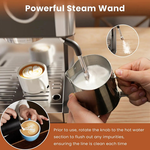 No Fuss Home Espresso Machine With Built In Grinder And Stainless Steel Milk Frother Wand for steaming milk and frothing in a kitchen.