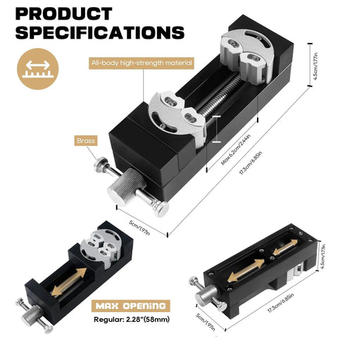 Dimensions and features of Mini Smart Fractal Drill Press Vise With Dual Jaw Design For Any Shape, Self Adjusting Workholding