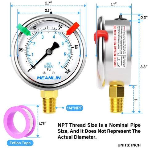Front and side view of Stainless Steel Liquid Filled Pressure Gauge 0-100 Psi, 2.5 Inch Dial, 1/4 In NPT, Lower Mount with Teflon tape