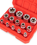 14 Piece E-Torx Socket Set With 1/4 3/8 1/2 Inch Drives External Torx Star Sockets E4-E24 in red storage case open view