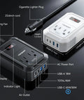 Roadtrip Ready Car Power Inverter Converts Dc 12V To Ac 110V With 200 Watt Output, LCD screen, dual USB-C ports, cigarette lighter plug.