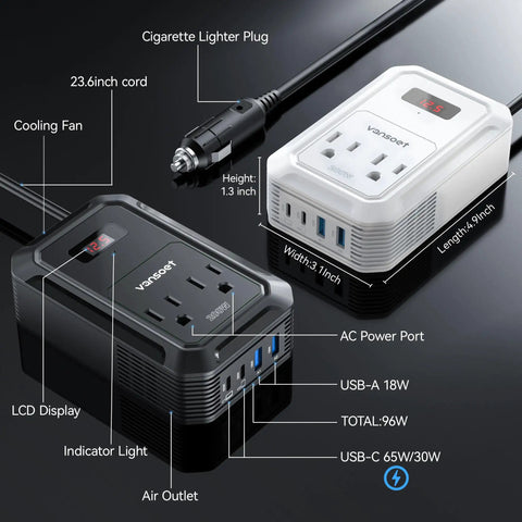 Roadtrip Ready Car Power Inverter Converts Dc 12V To Ac 110V With 200 Watt Output, LCD screen, dual USB-C ports, cigarette lighter plug.