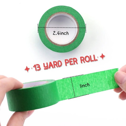 Colorful Masking Tape Set Six 1 Inch By 40 Feet Rolls In Blue Green Red Yellow Orange Purple Perfect For Crafts Labeling Coding DIY Decor And Painting Projects, showing green tape roll with measurements.