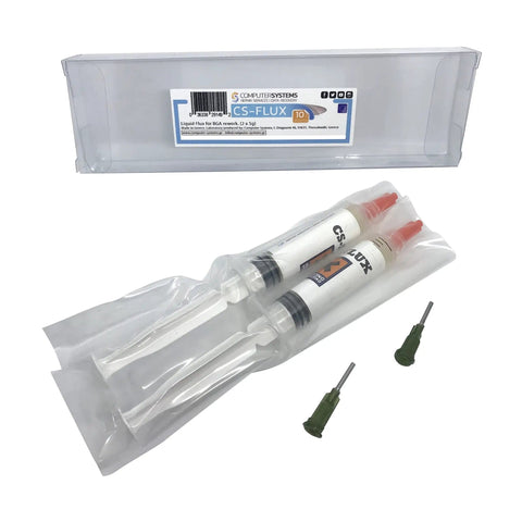 Two syringes of low viscosity halogen free liquid flux for BGA rework, reballing, and reflow in packaging with tips