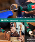 Do-It-All 180W Rotary Tool Kit With Flex Shaft demo of cutting, sanding, engraving, wood carving, and polishing uses.