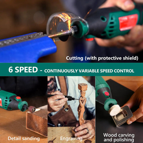 Do-It-All 180W Rotary Tool Kit With Flex Shaft demo of cutting, sanding, engraving, wood carving, and polishing uses.