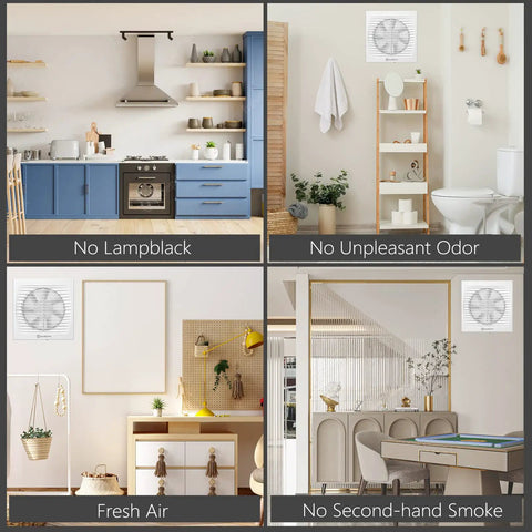 Four image collage showing a 6 Inch Wall Exhaust Fan For Bathroom And Kitchen Ventilation, 116 CFM, Ultra Quiet Through-Wall Exhaust With Check Valve, 110V, 25W, White, Compact 8.07 X 6 X 0.55 Inches installed in different rooms.