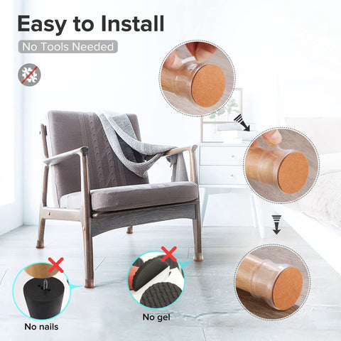 24 Pack Upgraded Silicone Chair Leg Protectors for Hardwood Floors showing installation on chair legs, no tools needed.