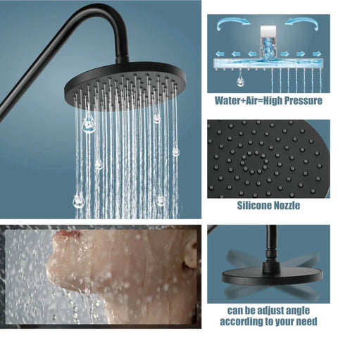 Retrofit Shower System With 8 Inch Rain Shower Head And 6 Function Handheld Sprayer, silicone nozzles, matte black finish.