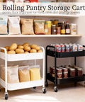 Two Tier Under Desk Storage Cart On Wheels With Built In Handle And Four Side Hooks in black and white, loaded with pantry items