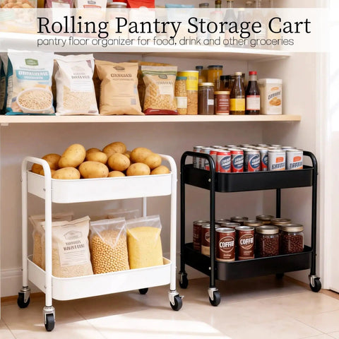 Two Tier Metal Rolling Utility Cart With Wheels For Under Desk Storage And Home Office Organization, white and black carts with pantry items