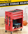 Red tool cabinet with magnetic storage holder, displaying a variety of tools in a garage setting.