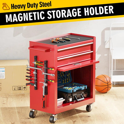 Red tool cabinet with magnetic storage holder, displaying a variety of tools in a garage setting.