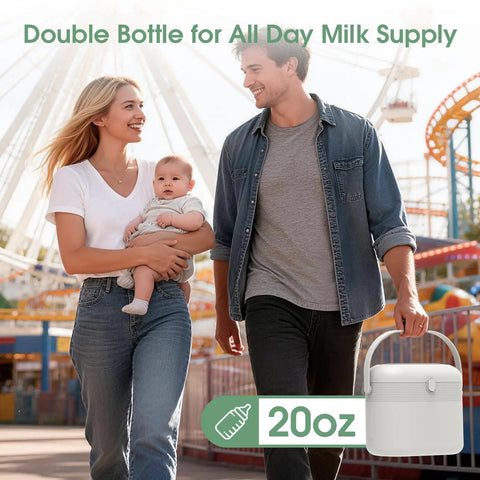 Family walking outdoors with Portable Breast Milk Cooler Keeps 20 Oz Fresh Stash Icy For 24 Hours No Ice Hassle Needed.