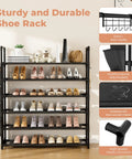 Hella Compact Six Tier Shoe Rack Organizer With Hook And Side Pocket Fits Twenty Four To Thirty Pairs Boots And Sneakers, showcasing a black waterproof fabric structure with shoes.