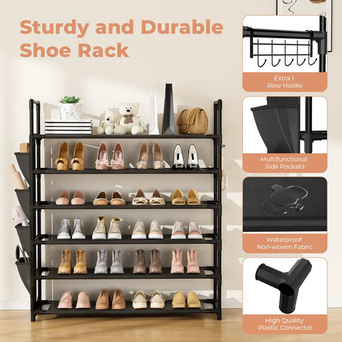 Hella Compact Six Tier Shoe Rack Organizer With Hook And Side Pocket Fits Twenty Four To Thirty Pairs Boots And Sneakers, showcasing a black waterproof fabric structure with shoes.