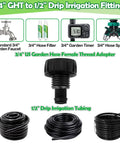 Eight Pack 3/4 Inch Female Pipe Thread To 1/2 Inch Drip Irrigation Tubing Adapters For Garden Faucets Sprinklers And Hoses Easy Connect 3/4 Inch Faucet To 1/2 Inch Drip Line Fittings, black plastic