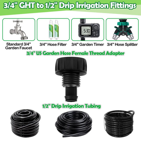 Eight Pack 3/4 Inch Female Pipe Thread To 1/2 Inch Drip Irrigation Tubing Adapters For Garden Faucets Sprinklers And Hoses Easy Connect 3/4 Inch Faucet To 1/2 Inch Drip Line Fittings, black plastic