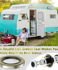 SAQXK double-lip grease seal 4-pack for Dexter Texcom RV trailer; side view of teal and white travel trailer with open door.