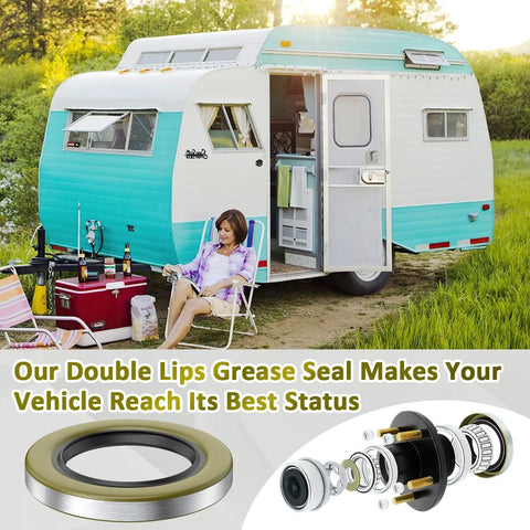 SAQXK double-lip grease seal 4-pack for Dexter Texcom RV trailer; side view of teal and white travel trailer with open door.