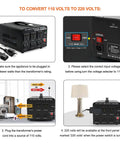 Heavy Duty 5000W Voltage Converter Transformer For Home And Travel Step Up From 110V-120V To 220V-240V Or Step Down From 220V To 110V With US Standard Power Cord And Circuit Breaker Protection Powers Most Appliances Even At Startup Surge Boss, featuring black design with multiple outlets and setup instructions.